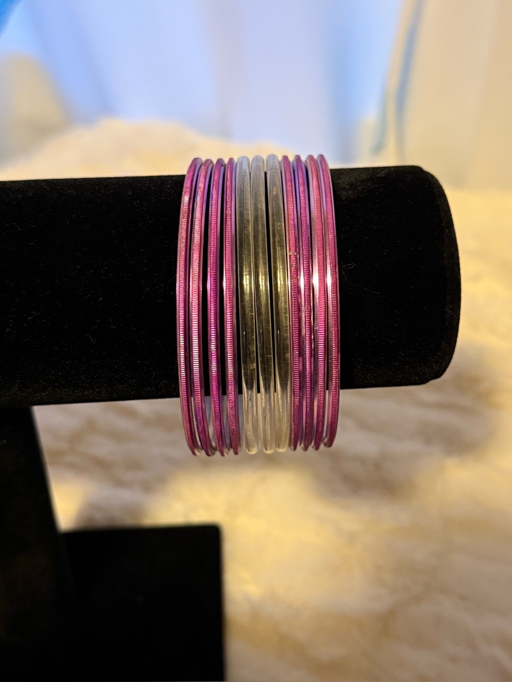 J5 Set of 11 Pink Silver Tone Skinny Stackable Bangle Bracelets
